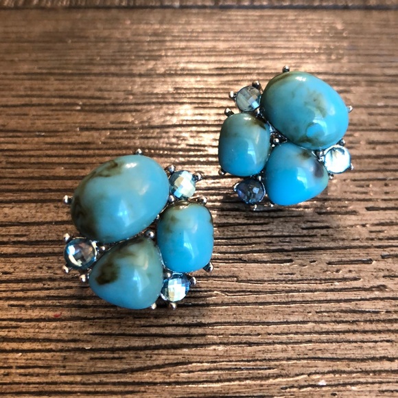 Faux Turquoise Clip Earrings Rhinestone Accents - Picture 3 of 8